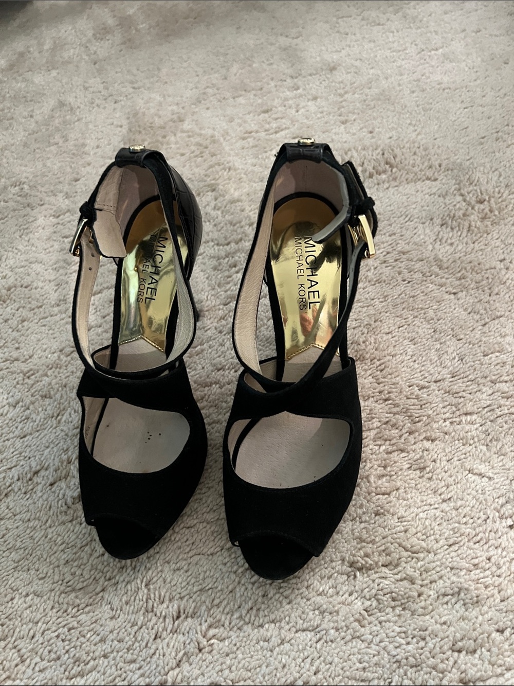 Michael Kors Black Suede Peep-Toe Ankle-Strap Heels with Gold Accents